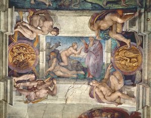 Soffitto della Cappella Sistina: Creazione di Eva, con quattro Ignudi, 1510 (pre-restauro)